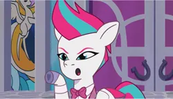 Size: 2040x1166 | Tagged: safe, derpibooru import, screencap, zipp storm, pegasus, pony, g5, my little pony: tell your tale, baby critters, bowtie, clothes, crystal brighthouse, door, formal, formal wear, image, jpeg, open mouth, pointing, raised hoof, solo, stern, strict, suit, tuxedo