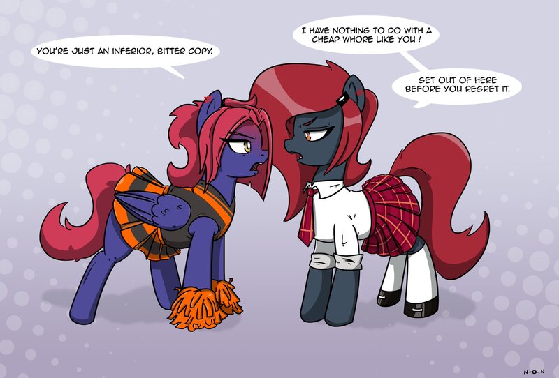 Size: 2048x1387 | Tagged: safe, artist:n-o-n, oc, oc:heat sink, oc:jessi-ka, unofficial characters only, pony, cheerleader, cheerleader outfit, clothes, dialogue, female, image, jpeg, looking at each other, mare, necktie, pom pom, school uniform, skirt, talking