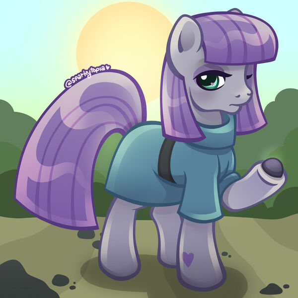 Size: 1280x1280 | Tagged: safe, artist:sparkytopia, derpibooru import, maud pie, earth pony, pony, g4, boulder (g4), clothes, digital art, female, frock coat, heart, heart eyes, holding, image, jpeg, lidded eyes, mare, outdoors, raised hoof, rock, rock farm, signature, solo, sun, wingding eyes