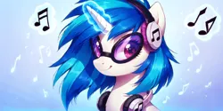 Size: 2400x1200 | Tagged: safe, ai content, derpibooru import, machine learning generated, prompter:greesys, vinyl scratch, pony, unicorn, g4, bust, glow, glowing horn, horn, image, looking at you, magic, note, png, portrait, solo