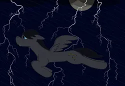 Size: 1814x1250 | Tagged: safe, artist:feraline(r), derpibooru import, oc, oc:feraliner, unofficial characters only, pegasus, pony, cloud, flying, image, lightning, moon, night, png, rain, spread wings, wind, windswept mane, wings