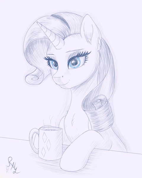 Size: 800x1000 | Tagged: safe, artist:raritymylove, derpibooru import, rarity, pony, unicorn, chocolate, food, horn, hot chocolate, image, mug, png, sketch, solo