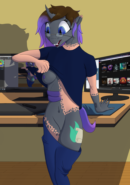 Size: 2480x3508 | Tagged: questionable, artist:settop, derpibooru import, oc, oc:viciz, unofficial characters only, anthro, changeling, human, pony, belly, belly button, breasts, changeling oc, changelingified, clothes, droste effect, female, high res, human to anthro, human to changeling, human to pony, image, male to female, mare, mid-transformation, nipples, nudity, pants, png, purple changeling, recursion, rule 63, shirt, solo, species swap, transformation, transgender transformation