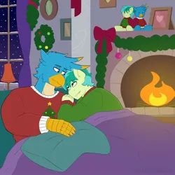 Size: 2048x2048 | Tagged: safe, artist:shallowwin, derpibooru import, gallus, sandbar, anthro, earth pony, gryphon, pony, g4, canon ship, christmas, commission, fireplace, gay, heart, holiday, image, jpeg, love, male, ship:gallbar, shipping, snow, stallion