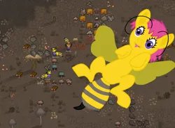 Size: 1220x900 | Tagged: safe, artist:xada, derpibooru import, oc, unofficial characters only, bee pony, original species, pony, antennae, game screencap, group, image, insect wings, lying down, png, purple eyes, rimworld, spread legs, spreading, stinger, tongue out, transparent wings, wings