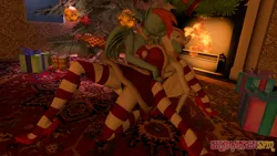 Size: 1920x1080 | Tagged: suggestive, artist:velvetcharm, ponerpics import, fluttershy, rainbow dash, anthro, 3d, breasts, christmas, christmas tree, clothes, duo, duo female, eyes closed, female, high heels, holiday, image, kissing, lesbian, png, shoes, stocking feet, tree