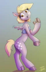 Size: 1459x2280 | Tagged: safe, artist:jitterbugjive, derpibooru import, part of a set, derpy hooves, pegasus, pony, rabbit, g4, animal, bipedal, female, furry, furry to pony, gradient background, image, looking back, png, solo, surprised, transformation, transformation sequence