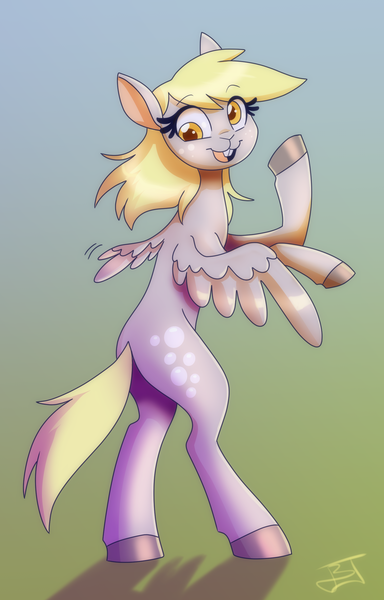 Size: 1459x2280 | Tagged: safe, artist:jitterbugjive, derpibooru import, part of a set, derpy hooves, pegasus, pony, rabbit, g4, animal, bipedal, female, furry, furry to pony, gradient background, image, looking back, open mouth, open smile, png, smiling, solo, transformation, transformation sequence