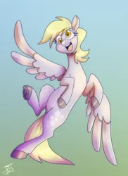 Size: 1527x2100 | Tagged: safe, artist:jitterbugjive, derpibooru import, part of a set, derpy hooves, pegasus, pony, g4, female, flying, furry to pony, gradient background, image, mare, open mouth, open smile, png, smiling, solo, transformation, transformation sequence