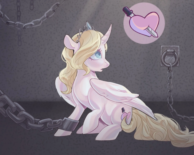 Size: 2000x1600 | Tagged: safe, artist:sarpiza_, oc, alicorn, pony, alicorn oc, blonde, blonde mane, blue eyes, chains, cutie mark, dungeon, female, horn, image, jewelry, looking back, mare, png, shackle, slay the princess, tiara, wings