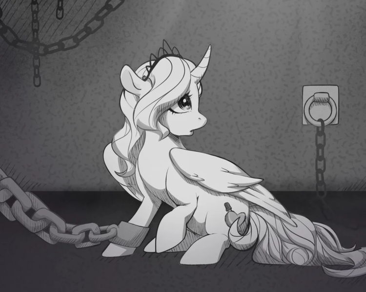 Size: 1080x864 | Tagged: safe, artist:sarpiza_, oc, alicorn, pony, alicorn oc, chains, cutie mark, dungeon, female, horn, image, jewelry, looking back, mare, monochrome, png, shackle, slay the princess, tiara, wings