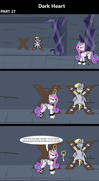 Size: 1920x3516 | Tagged: semi-grimdark, artist:platinumdrop, derpibooru import, derpy hooves, princess flurry heart, alicorn, pegasus, pony, comic:dark heart, g4, 3 panel comic, abuse, alternate timeline, bondage, bondage cross, bondage cuffs, bondage furniture, bondage gear, bound, bound wings, bound wrists, bracelet, bruised, cloth gag, collar, comic, commission, crying, crystal, crystal castle, crystal empire, cuffed, cuffs, dark crystal, derpybuse, devious smile, dialogue, dungeon, evil, evil flurry heart, fear, female, flurry heart is amused, folded wings, gag, glow, glowing horn, helpless, horn, image, indoors, looking at each other, looking at someone, looking at you, magic, magic aura, mare, older, older derpy hooves, older flurry heart, over the nose gag, png, prisoner, punishment, restrained, sad, scared, scrunchy face, slave, slave collar, smiling, smug, speech bubble, spiked collar, spiked wristband, spread eagle, spread legs, spreading, stern, tears of fear, tears of sadness, teary eyes, this will not end well, victorious villain, walking, wall of tags, wings, wristband