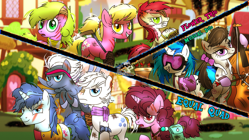 Size: 4596x2586 | Tagged: safe, artist:yourboimario, derpibooru import, daisy, double diamond, flower wishes, lily, lily valley, night glider, octavia melody, party favor, roseluck, sugar belle, vinyl scratch, earth pony, pegasus, pony, unicorn, g4, arrow, bag, bandage, bowtie, clothes, equal four, female, flower trio, goggles, headband, horn, image, jacket, jewelry, male, mare, necklace, png, ponytail, saddle bag, scar, scarf, shoes, stallion, torn ear