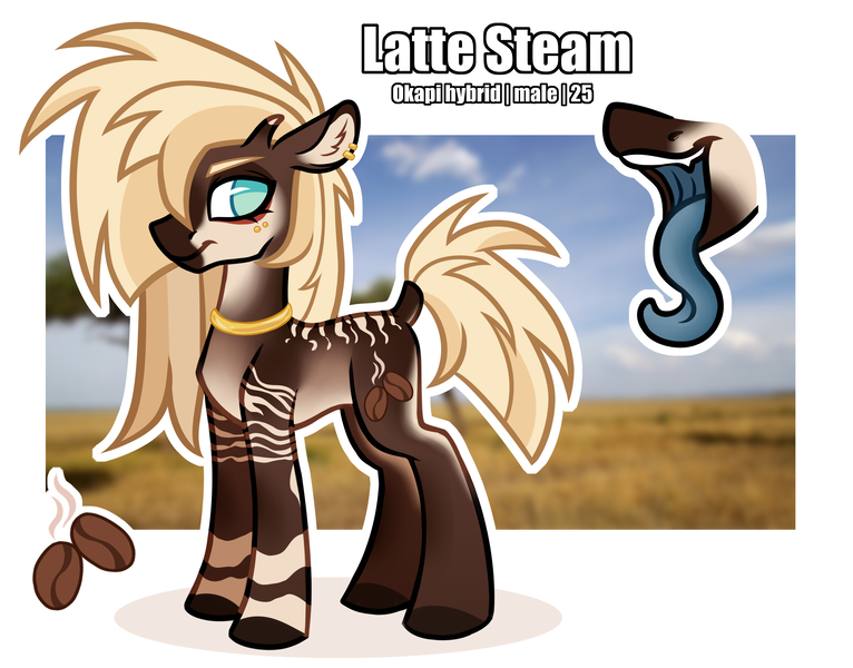 Size: 4150x3250 | Tagged: safe, artist:sadfloorlamp, derpibooru import, oc, oc:latte steam, unofficial characters only, hybrid, okapi, pony, blurry background, cutie mark, eyebrows, fangs, image, jewelry, long tongue, male, mascara, maw, mawshot, open mouth, piercing, png, reference sheet, solo, stallion, standing, tongue out