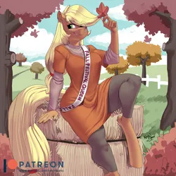 Size: 1000x1000 | Tagged: safe, artist:kevinsano, derpibooru import, applejack, anthro, earth pony, unguligrade anthro, autumn, award, clothes, dress, eye clipping through hair, female, hay bale, holding, image, leaf, outdoors, png, sitting, smiling, smirk, solo