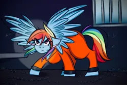 Size: 1500x1000 | Tagged: safe, artist:namelessplaza, derpibooru import, rainbow dash, pegasus, chains, clothes, female, flashlight (object), image, jail, jpeg, never doubt rainbowdash69's involvement, solo, solo female, suit, window