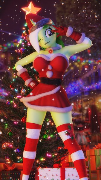 Size: 2160x3840 | Tagged: safe, artist:artempredator, ponerpics import, oc, oc:baetica castanets, unofficial characters only, anthro, 3d, christmas, christmas sweater, clothes, female, gloves, holiday, image, jpeg, one eye closed, sweater