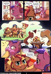 Size: 3541x5121 | Tagged: safe, artist:baban illustration, artist:lummh, derpibooru import, fire flare, flash sentry, princess cadance, stellar flare, sunset shimmer, alicorn, pegasus, pony, unicorn, comic:the princess of love, g4, absurd resolution, bench, book, burger, butt, canterlot castle interior, comic, cute, cutedance, emanata, female, filly, filly sunset shimmer, foal, food, glow, glowing horn, hay burger, horn, image, levitation, looking at each other, looking at someone, magic, male, mare, patreon, patreon logo, plot, png, sad, seduction, speech bubble, spread wings, stallion, sunspot (g4), tail, tail seduce, teen princess cadance, telekinesis, wings, woobie, younger, younger sunset