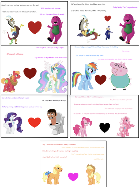 Size: 1014x1366 | Tagged: safe, derpibooru import, applejack, applejack (g1), big macintosh, discord, pinkie pie, pinkie pie (g3), princess celestia, rarity, g1, g3, g4, comic, crossover, daddy pig, heart, image, peppa pig, png, shipping, simple background, skibidi toilet, teletubbies, tinky winky, white background