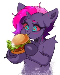 Size: 662x827 | Tagged: safe, artist:flutterbutt, derpibooru import, oc, oc:nyx omnia, unofficial characters only, pony, burger, cyberpunk, doodle, eating, food, heart, heart eyes, hooves, image, png, simple background, sketch, solo, undercut, wingding eyes