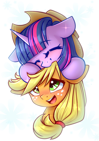 Size: 935x1323 | Tagged: safe, artist:chaosangeldesu, derpibooru import, applejack, twilight sparkle, earth pony, pony, unicorn, blushing, cute, eyes closed, hat, horn, image, jpeg, simple background, smiling