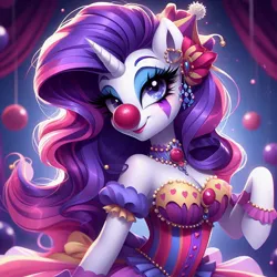 Size: 1024x1024 | Tagged: suggestive, ai content, derpibooru import, machine learning generated, prompter:heydude5321, rarity, anthro, pony, unicorn, g4, alternate eye color, alternate hairstyle, clothes, clown, clown nose, female, generator:bing image creator, generator:dall-e 3, hat, horn, image, jpeg, mare, red nose, solo