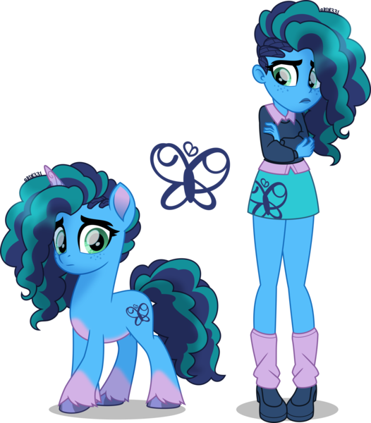 Size: 3504x4000 | Tagged: safe, artist:orin331, derpibooru import, human, pony, unicorn, equestria girls, g4, g5, clothes, coat markings, cornrows, equestria girls-ified, fake cutie mark, female, frown, g5 to equestria girls, g5 to g4, generation leap, horn, human ponidox, humanized, image, mare, misty brightdawn, movie accurate, png, self paradox, self ponidox, simple background, skirt, socks (coat marking), transparent background, unshorn fetlocks