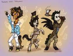 Size: 1560x1200 | Tagged: semi-grimdark, artist:rasmary, derpibooru import, oc, oc:cookie cheetos, oc:fast bullet, oc:outworld, unofficial characters only, earth pony, pegasus, pony, undead, zombie, fallout equestria, g4, alternate universe, axe, black, bone, clothes, colt, cosplay, costume, cylinder, dancing, digital art, dirt, disco, easter egg (media), female, filly, foal, friday the 13th, glasses, gradient background, halloween, halloween costume, hat, holiday, image, injured, kindred, male, maniac, mare, mare oc, mask, my little pony, plants vs zombies, png, relatives, russet, short mane, siblings, skeleton, skeleton costume, spooky, spooky scary skeleton, spread wings, stallion, stallion oc, standing up, teenager, trio, weapon, wings, without clothes