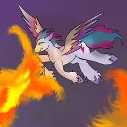 Size: 1280x1280 | Tagged: safe, anonymous artist, derpibooru import, flash magnus, zipp storm, g4, g5, dark background, dragonfire, female, fire, fire breath, flying, image, netitus, png, purple hooves, reincarnation, shield, zipp cutie mark