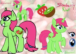 Size: 956x687 | Tagged: safe, artist:kharmacal, derpibooru import, oc, oc:strawberry kiwi, unofficial characters only, unicorn, caption, freckles, horn, image, image macro, png, real life background, reference sheet, self paradox, self ponidox, text, unshorn fetlocks