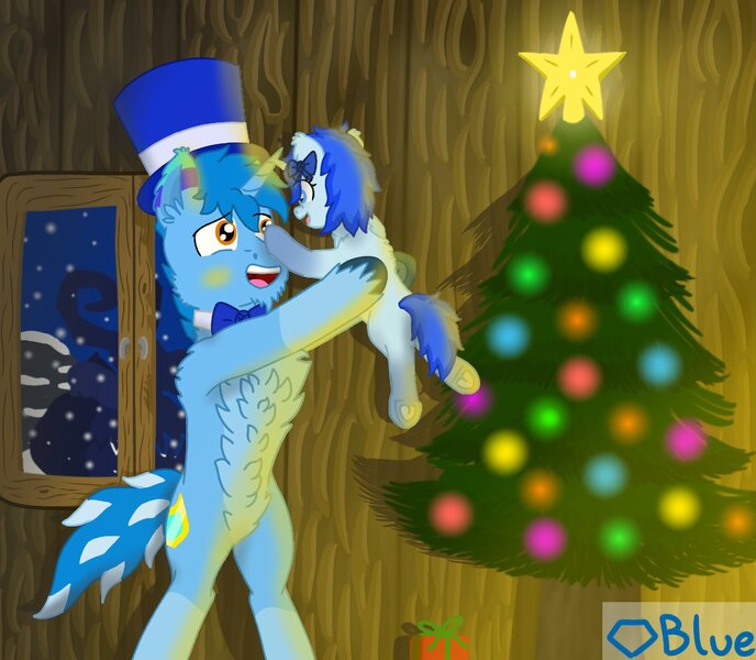 Size: 1880x1640 | Tagged: safe, artist:💎blue, derpibooru import, oc, oc:blue blanket, oc:blueshield, unofficial characters only, pony, unicorn, bow, bowtie, chest fluff, christmas, christmas lights, christmas tree, female, filly, foal, hair bow, happy, hat, holding a pony, holiday, horn, image, indoors, jpeg, magic, male, present, snow, stallion, top hat, tree, window, winter, winter coat, wood