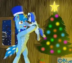 Size: 1880x1640 | Tagged: safe, artist:💎blue, derpibooru import, oc, oc:blue blanket, oc:blueshield, unofficial characters only, pony, unicorn, bow, bowtie, chest fluff, christmas, christmas lights, christmas tree, female, filly, foal, hair bow, happy, hat, holding a pony, holiday, horn, image, indoors, jpeg, magic, male, present, snow, stallion, top hat, tree, window, winter, winter coat, wood