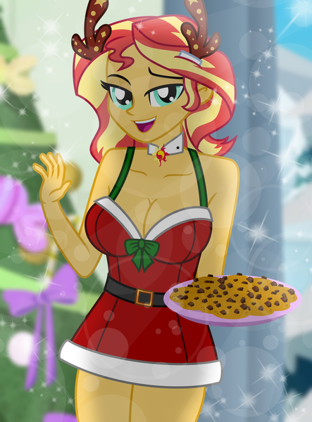 Size: 4938x6690 | Tagged: safe, artist:emeraldblast63, derpibooru import, sunset shimmer, equestria girls, g4, breasts, christmas, christmas tree, cleavage, clothes, cookie, costume, detached collar, food, holiday, image, plate, png, santa costume, tree