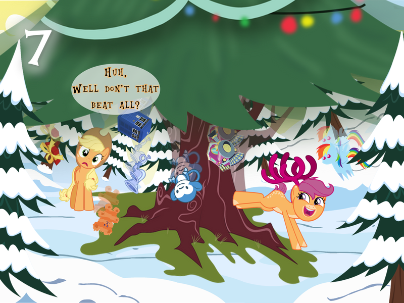 Size: 1440x1080 | Tagged: safe, artist:bronybyexception, derpibooru import, applejack, rainbow dash, scootaloo, g4, advent calendar, christmas, christmas tree, doctor who, holiday, horn (musical instrument), image, plushie, png, present, snow, tardis, teddy bear, toy train, tree