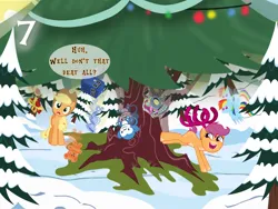 Size: 1440x1080 | Tagged: safe, artist:bronybyexception, derpibooru import, applejack, rainbow dash, scootaloo, g4, advent calendar, christmas, christmas tree, doctor who, holiday, horn (musical instrument), image, plushie, png, present, snow, tardis, teddy bear, toy train, tree