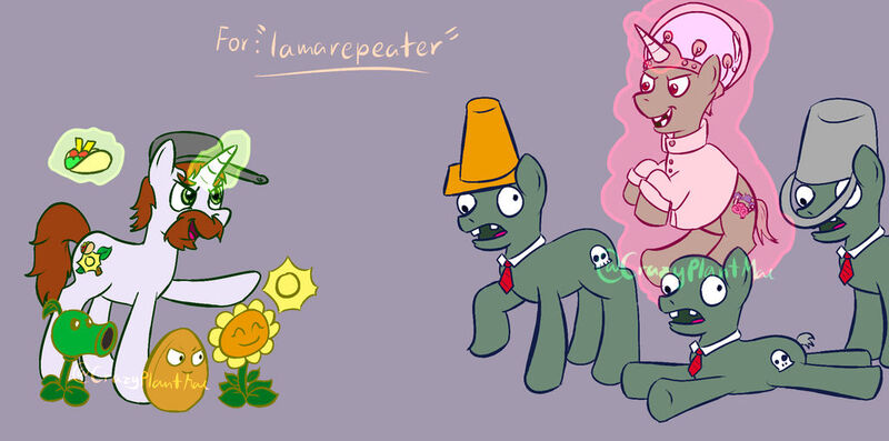 Size: 1024x508 | Tagged: safe, artist:crazyplantmae, derpibooru import, ponified, earth pony, pony, undead, unicorn, zombie, zombie pony, 2016, beard, crazy dave, crossover, dr. zomboss, facial hair, flower, food, horn, image, jpeg, male, peashooter, plant, plants vs zombies, stallion, sunflower, taco, wall-nut