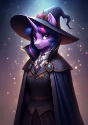 Size: 896x1280 | Tagged: safe, ai content, derpibooru import, generator:google imagen 3.0, machine learning generated, prompter:zerowinger, twilight sparkle, anthro, unicorn, cloak, clothes, female, hat, image, jpeg, smiling, solo, unicorn twilight, wizard, wizard hat