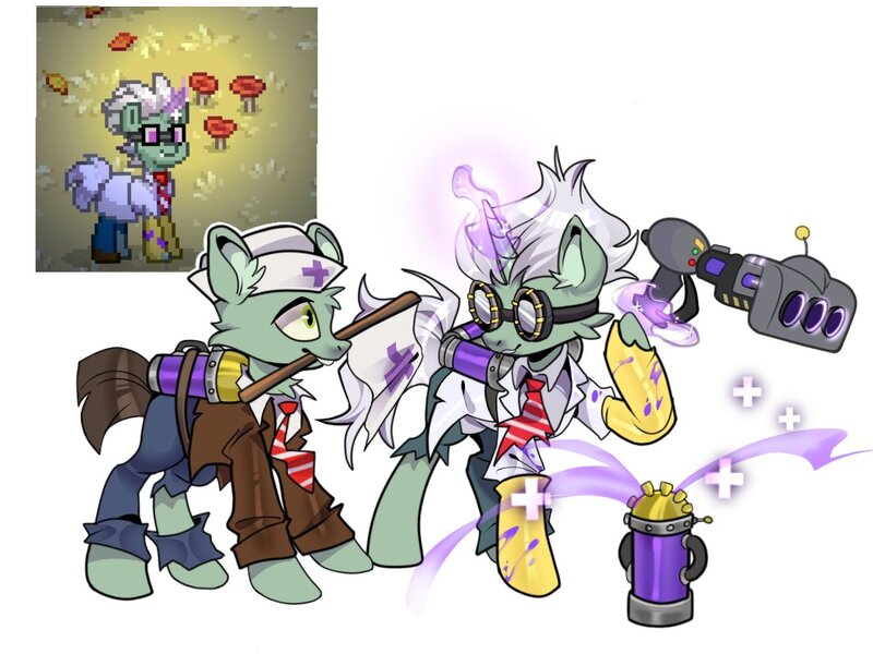 Size: 1080x810 | Tagged: safe, artist:magneteroo, derpibooru import, ponified, earth pony, pony, undead, unicorn, zombie, zombie pony, pony town, goggles, horn, image, jpeg, mad scientist, male, plants vs zombies, stallion