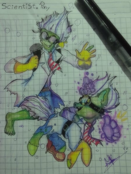 Size: 1536x2048 | Tagged: safe, artist:merryaxorder, derpibooru import, pony, undead, unicorn, zombie, zombie pony, horn, image, jpeg, mad scientist, male, plants vs zombies, self paradox, self ponidox, stallion, traditional art