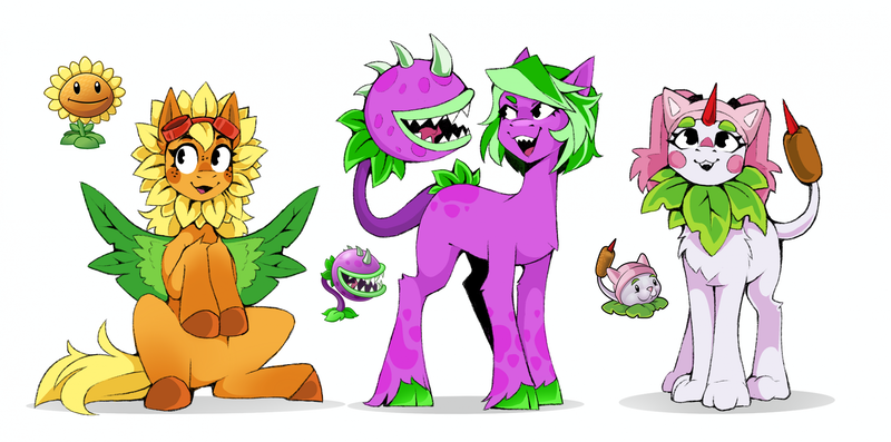 Size: 2725x1352 | Tagged: safe, artist:buvanybu, derpibooru import, ponified, original species, plant pony, pony, cattail (plants vs zombies), chomper (plants vs zombies), cute, female, flower, image, mare, plant, plants vs zombies, png, sunflower