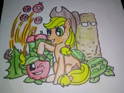 Size: 1024x768 | Tagged: safe, artist:towny-san, derpibooru import, applejack, earth pony, pony, g4, apple, apple mortar, crossover, female, food, image, jpeg, mare, plant, plants vs zombies, tall-nut, traditional art, watermelon