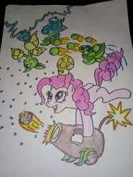 Size: 768x1024 | Tagged: safe, artist:towny-san, derpibooru import, pinkie pie, earth pony, pony, g4, cannon, coconut, coconut cannon, crossover, female, food, image, jpeg, mare, pea, peashooter, plant, plants vs zombies, traditional art