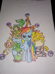 Size: 768x1024 | Tagged: safe, artist:towny-san, derpibooru import, rainbow dash, pegasus, pony, g4, crossover, female, fire, food, grapes, image, jpeg, mare, plant, plants vs zombies, pumpkin, torchwood, traditional art, wasabi, wasabi whip