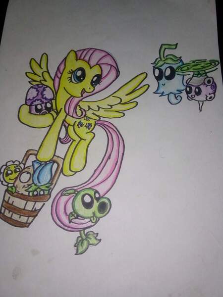 Size: 768x1024 | Tagged: safe, artist:towny-san, derpibooru import, fluttershy, pegasus, pony, g4, crossover, dandelion, female, ghost pepper, image, jpeg, mare, moonflower, mushroom, peashooter, plant, plants vs zombies, puff-shroom, rotobaga, traditional art