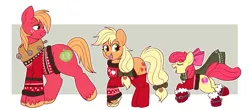 Size: 1333x586 | Tagged: safe, artist:lulubell, derpibooru import, apple bloom, applejack, big macintosh, g4, apple siblings, apple sisters, brother and sister, christmas, christmas sweater, clothes, female, holiday, image, jingle bells, male, png, scarf, siblings, sisters, socks, sweater