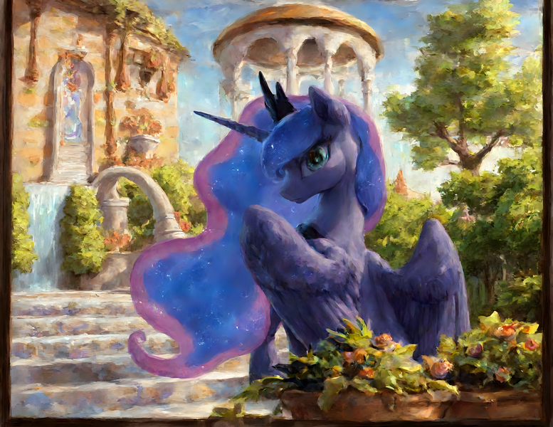 Size: 6464x4992 | Tagged: safe, ai content, derpibooru import, machine learning generated, prompter:radioglitch, stable diffusion, princess luna, alicorn, g4, absurd resolution, generator:pony diffusion v6 xl, image, looking at you, looking back, png, summer