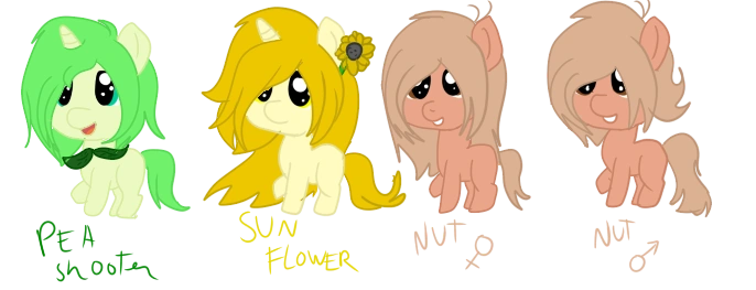 Size: 686x263 | Tagged: artist needed, safe, derpibooru import, ponified, earth pony, original species, plant pony, pony, unicorn, colt, female, filly, flower, foal, horn, image, male, peashooter, plant, plants vs zombies, png, sunflower, wall-nut