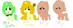 Size: 686x263 | Tagged: artist needed, safe, derpibooru import, ponified, earth pony, original species, plant pony, pony, unicorn, colt, female, filly, flower, foal, horn, image, male, peashooter, plant, plants vs zombies, png, sunflower, wall-nut