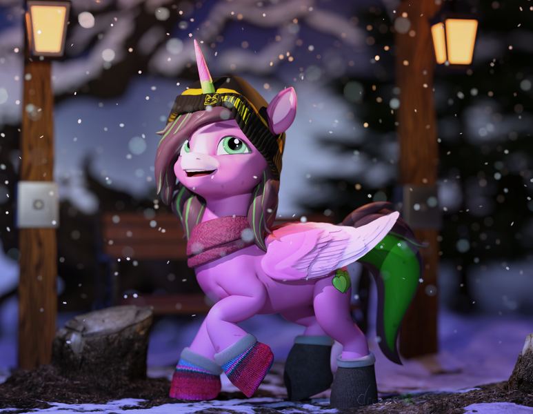 Size: 2515x1951 | Tagged: safe, artist:dreezegh, derpibooru import, 3d, clothes, cute, feathercorn, happy, illustration, image, open mouth, pegacorn, png, scarf, scenery, snow, snowfall, stroll, trotting, winter, winter outfit