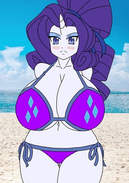 Size: 1846x2613 | Tagged: suggestive, artist:kazuya315, derpibooru import, rarity, human, g4, beach, big breasts, bikini, blush lines, blushing, breasts, busty rarity, cleavage, clothes, cutie mark, cutie mark on clothes, eyeshadow, horn, horned humanization, huge breasts, humanized, image, jpeg, makeup, ponytail, swimsuit